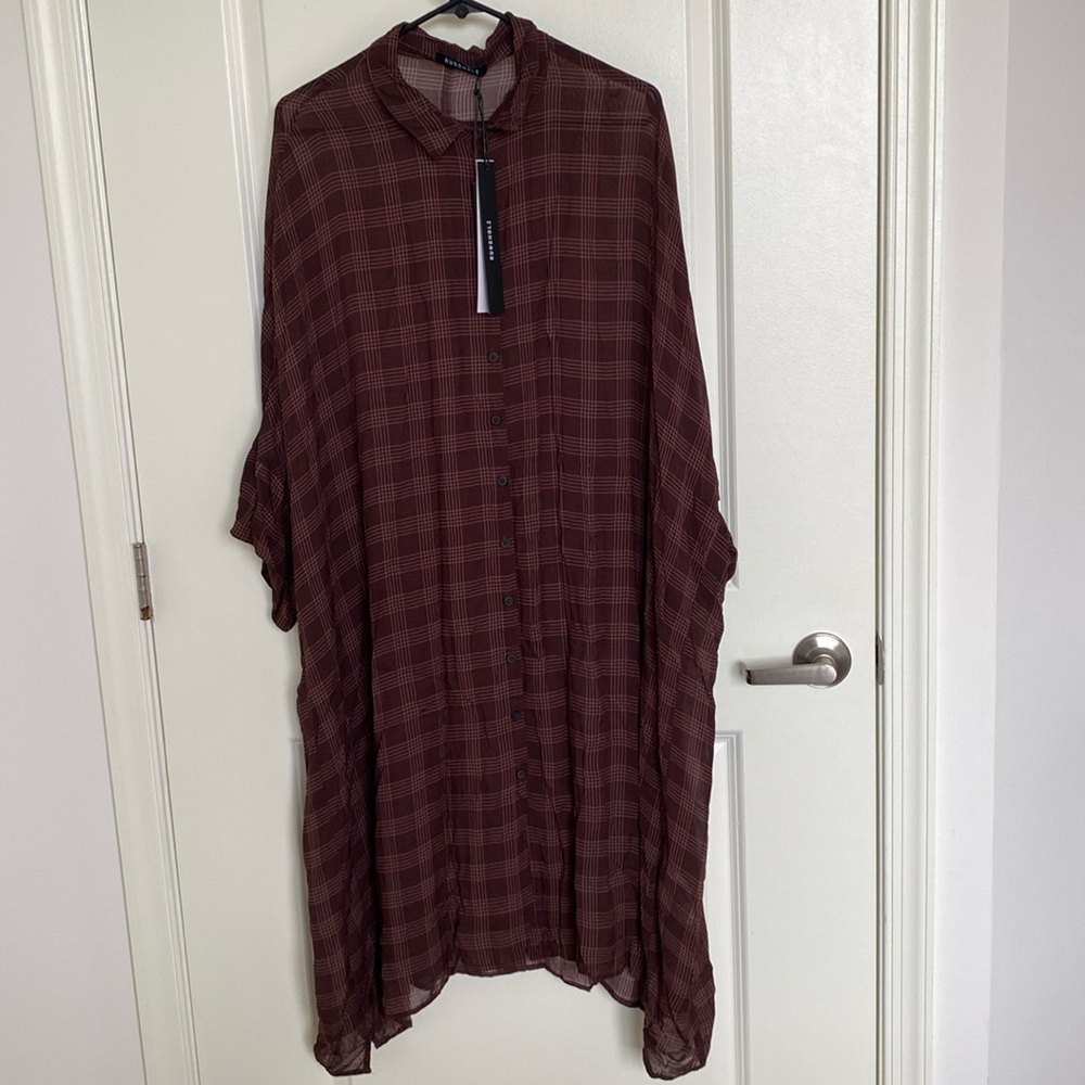 Rundholz Checkered Drop Shoulder Shirt Dress in Noix Brown Print